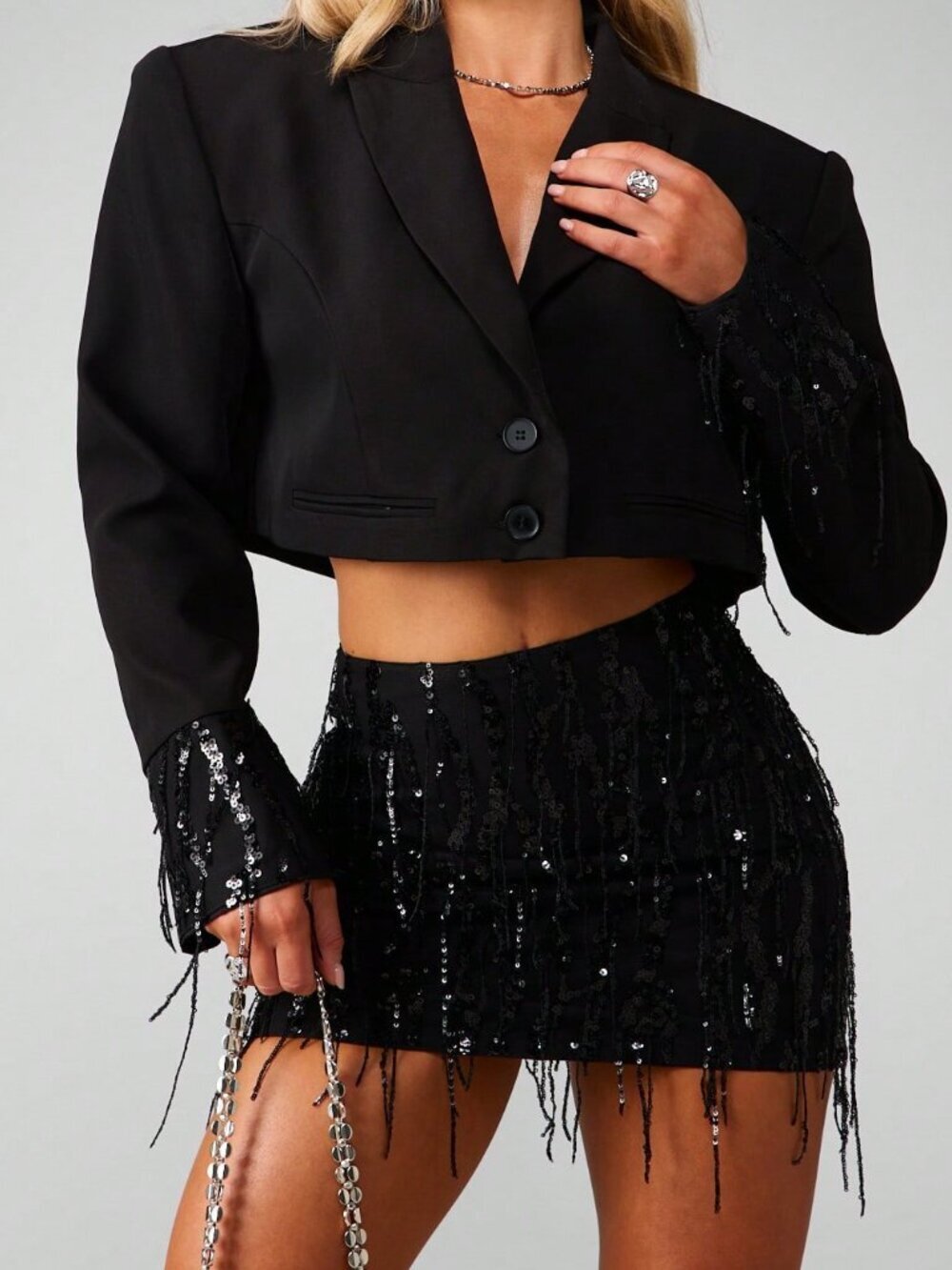 Black Party Women's Cropped Button Blazer With Sequin Cuff Detail